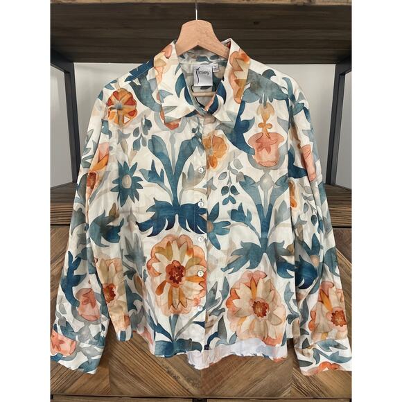 Finley Andie Button-Down Cropped Floral Blouse Large New without Tags - Picture 2 of 6